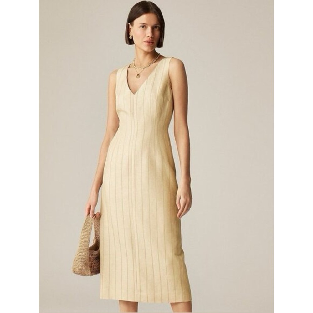 J. Crew Beige Pinstripe Linen Blend Sheath Midi Dress 8 Minimalist Quiet Luxury